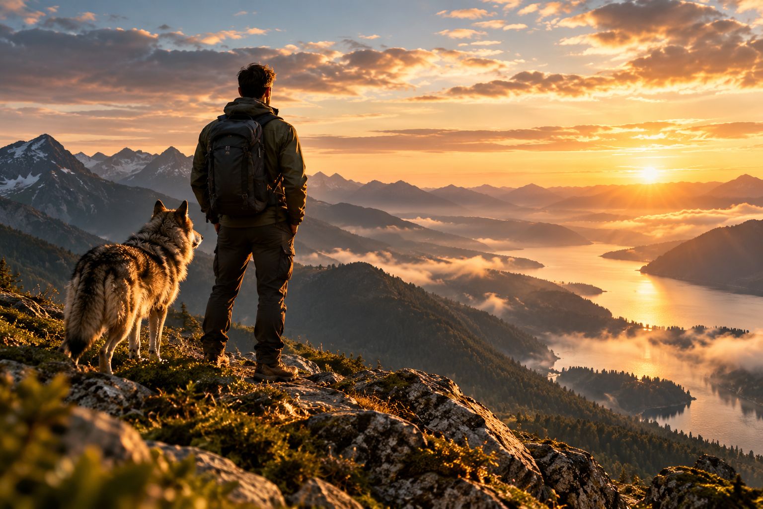 A man standing on a mountain ridge at sunrise, a wolf beside him