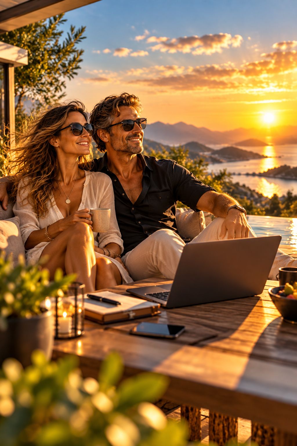 A couple sitting on a terrace with a laptop, the sea behind them at sunset