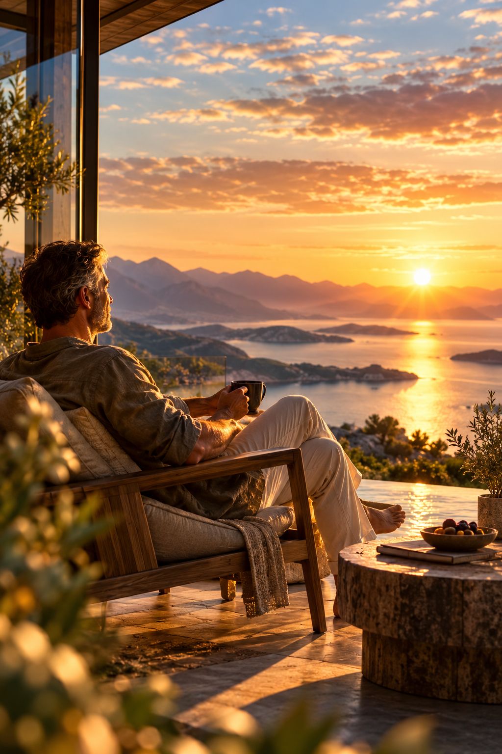 A man relaxing on a terrace with a cup, looking at the sea at sunset