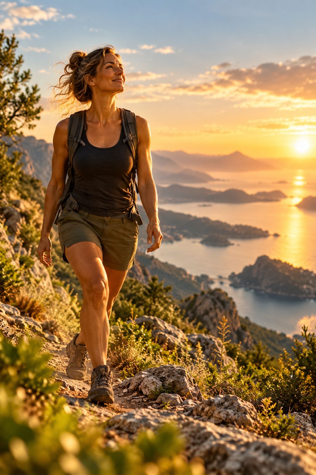 A woman hiking along a coastal mountain path at sunrise