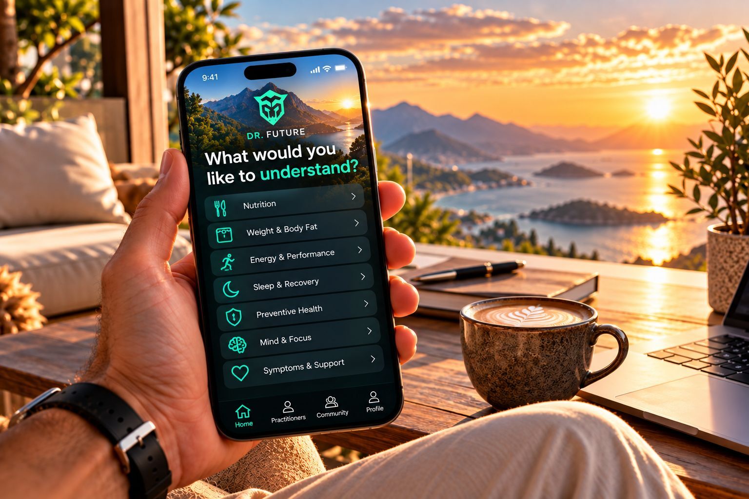 A hand holding a phone showing Dr. Future’s question “What would you like to understand?”, the sun setting over the sea behind it